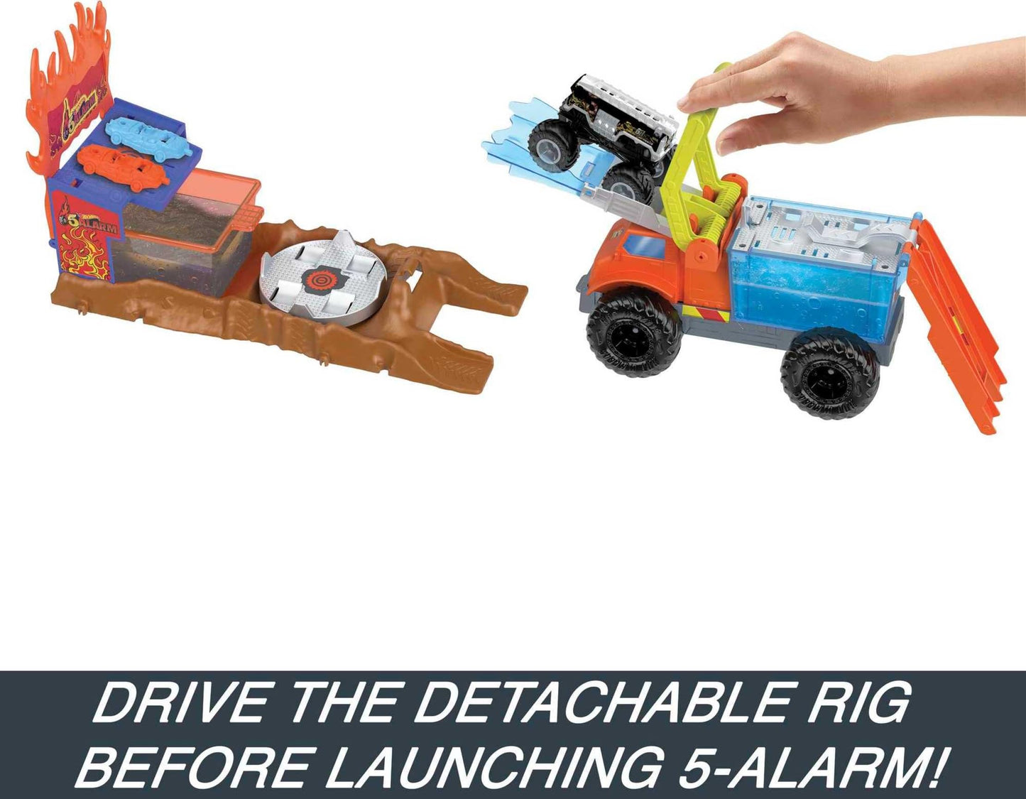 Hot Wheels Monster Trucks Color Shifters 5 Alarm Rescue with Color Shifter Truck, 2 Demolition Cars and 1 Trailer