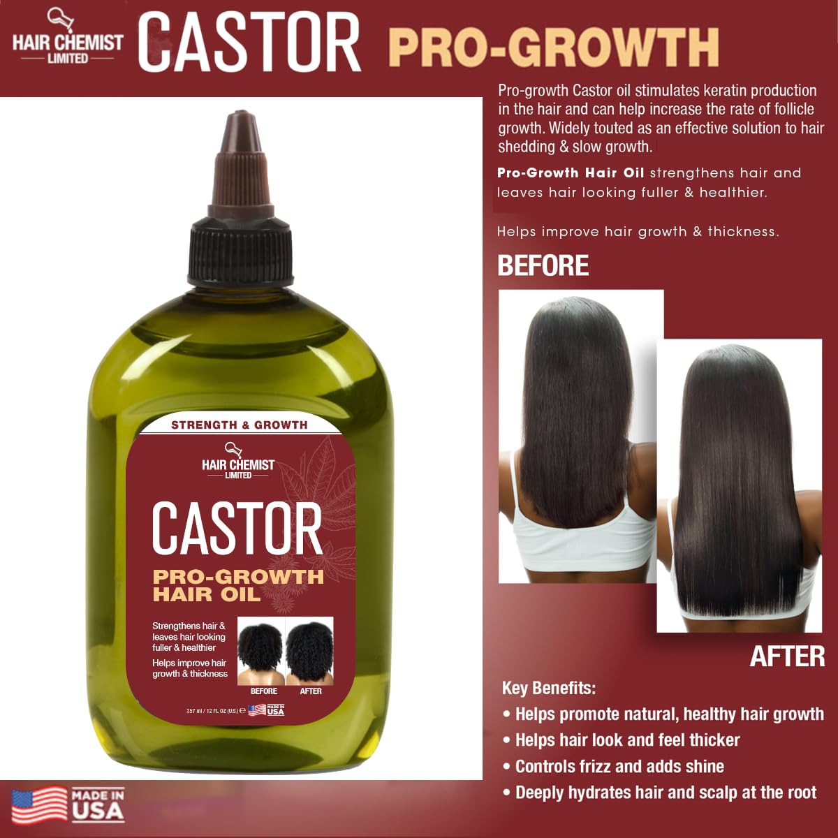 Hair Chemist Pro-Growth Natural Castor Hair Oil, Large 12 oz. - Strengthening & Growth Stimulator for Hair Growth