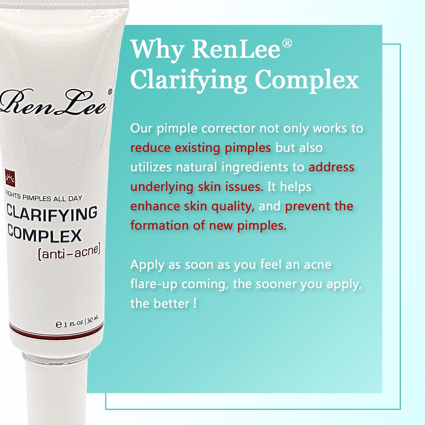 RenLee® Clarifying Complex Made in USA Pimple Correct Acne Spot Treatment Blemishes Clearing Gel, Quickly Reduce the size, redness and swelling