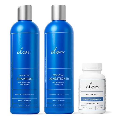 Elon Complete Kit for Thinning Hair - Elon Essential Shampoo and Conditioner Set + Matrix 5000 Hair Growth Supplement - NO Sulfates, Parabens or
