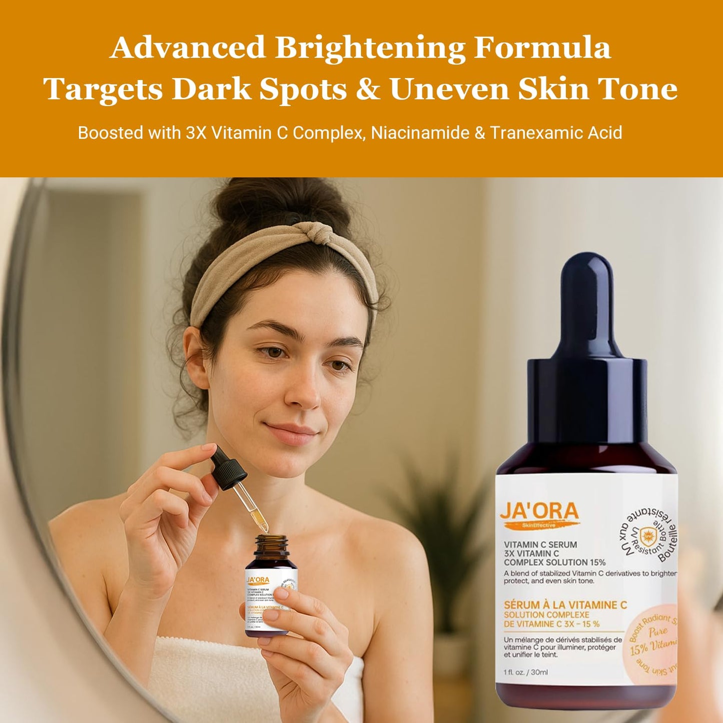 JA’ORA SkinEffective Vitamin C Serum 60ML, 15% Vit C with Niacinamide, Hyaluronic Acid & Vit E, Anti-Aging Brightening for Dark Spots, Wrinkles, Even