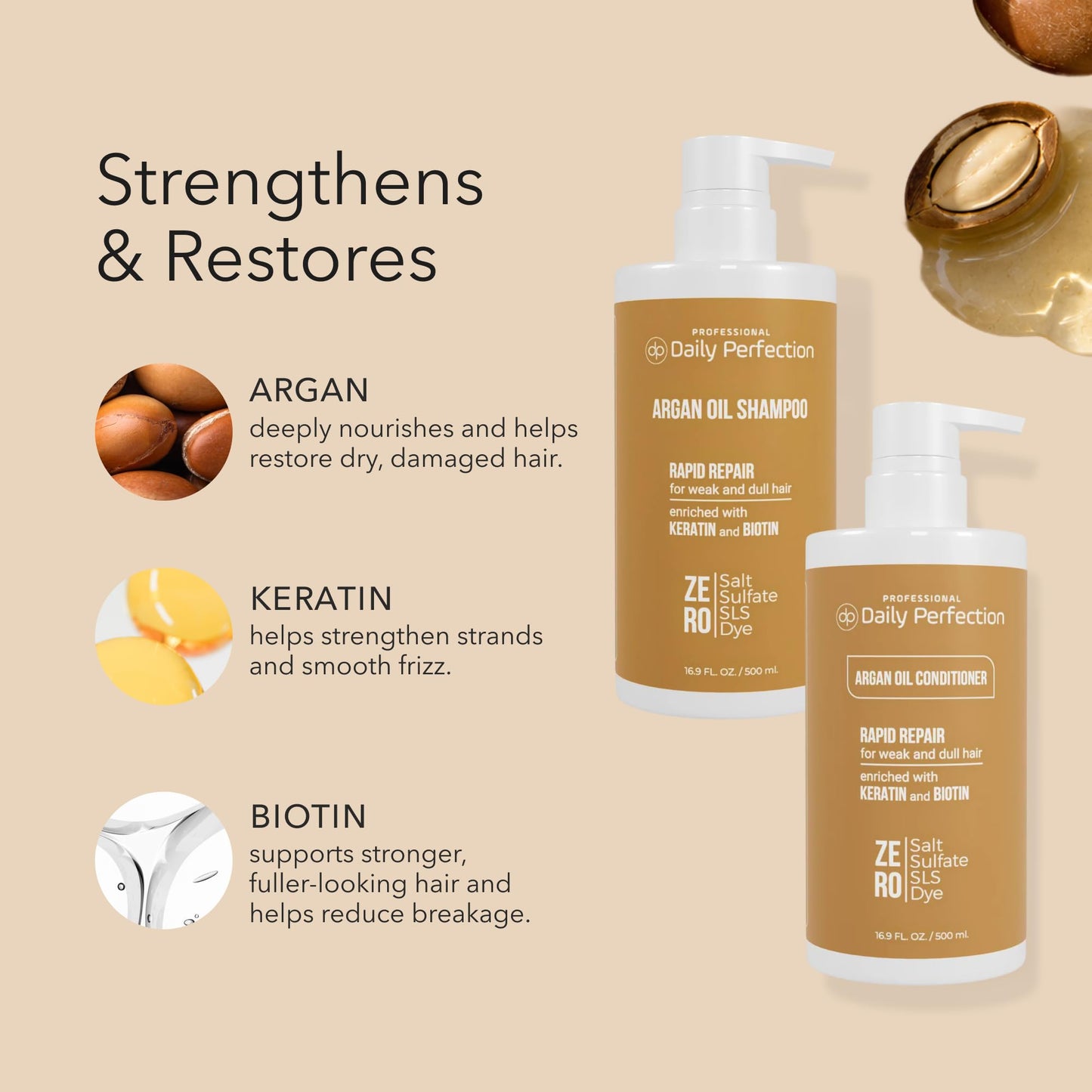 Daily Perfection Argan Oil Shampoo and Conditioner Set - Rapid Repair Deep Hydrationwith Biotin and Keratin for Weak, and Damaged Hair - Salt, Sulfate