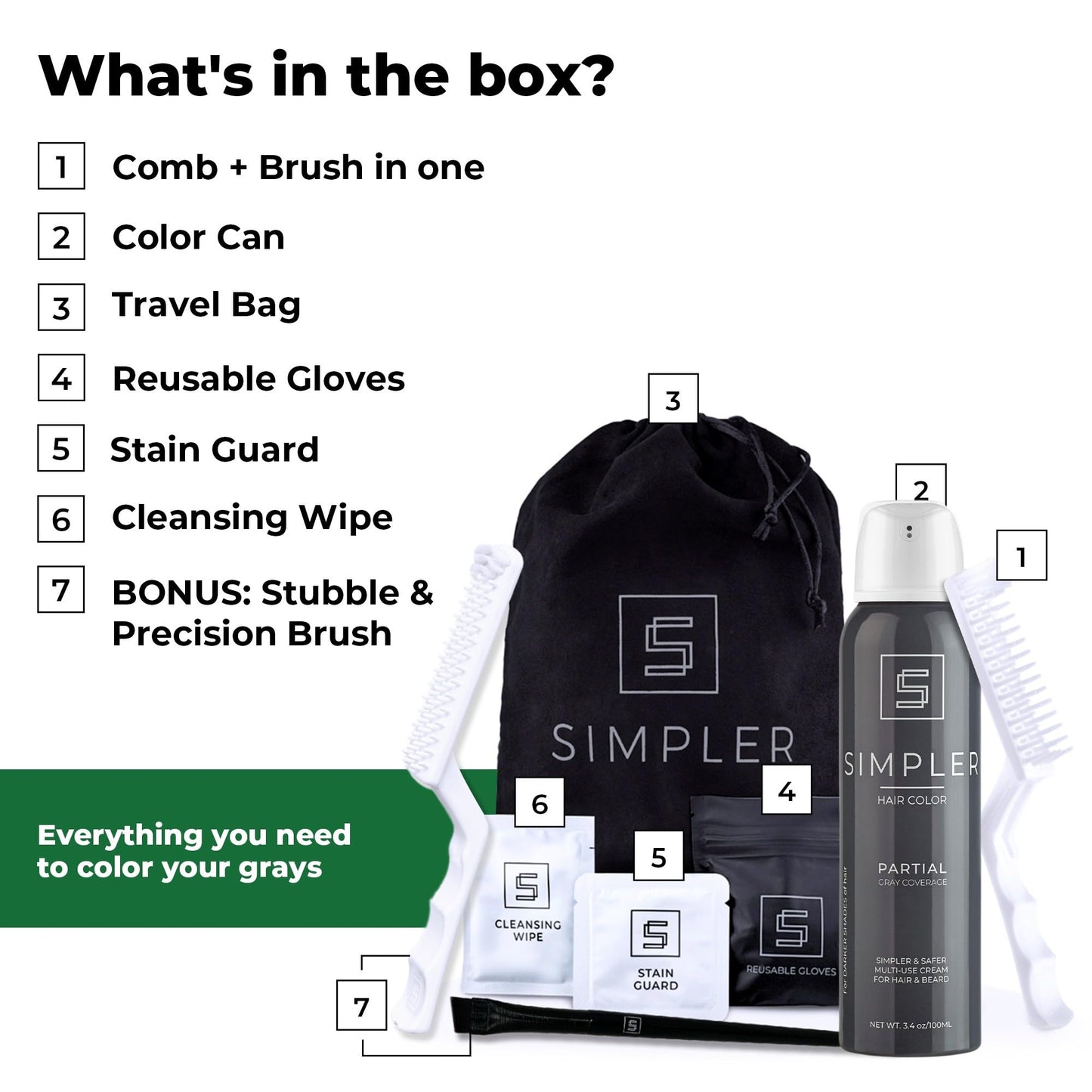 Simpler Partial Coverage Men's Hair Color Color Box - Permanent Beard & Mustache Dye - Ammonia-Free Beard Hair Dye - Fast Gray Blending - Salt