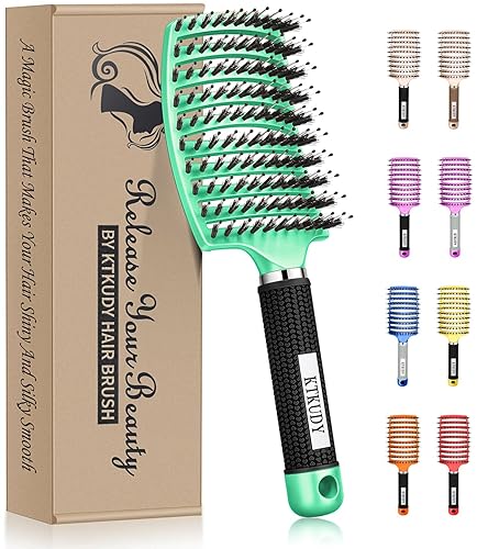 KTKUDY Detangling Brush Boar Bristles Hairbrush Make Hair Shiny & Healthier Curved and Vented Detangler Brush for Women Men Kids Wet & Dry Hair (Light