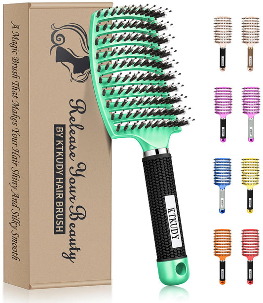 KTKUDY Detangling Brush Boar Bristles Hairbrush Make Hair Shiny & Healthier Curved and Vented Detangler Brush for Women Men Kids Wet & Dry Hair (Light