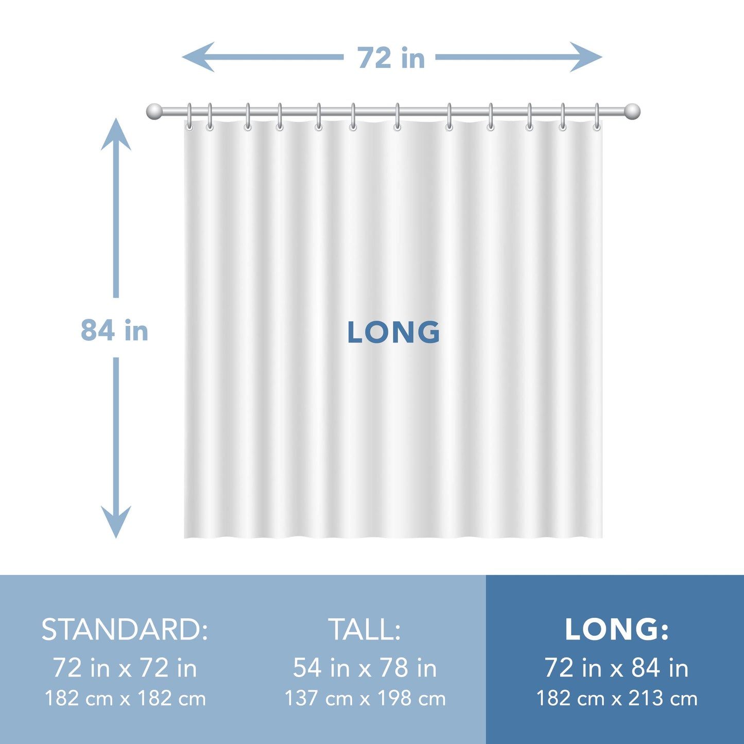 FRESH IDEAS Shower Curtain Liner with Shower Clips, Easy On/Off Liner with Zipper, Waterproof, White, Long Size, 72 inches x 84 inches