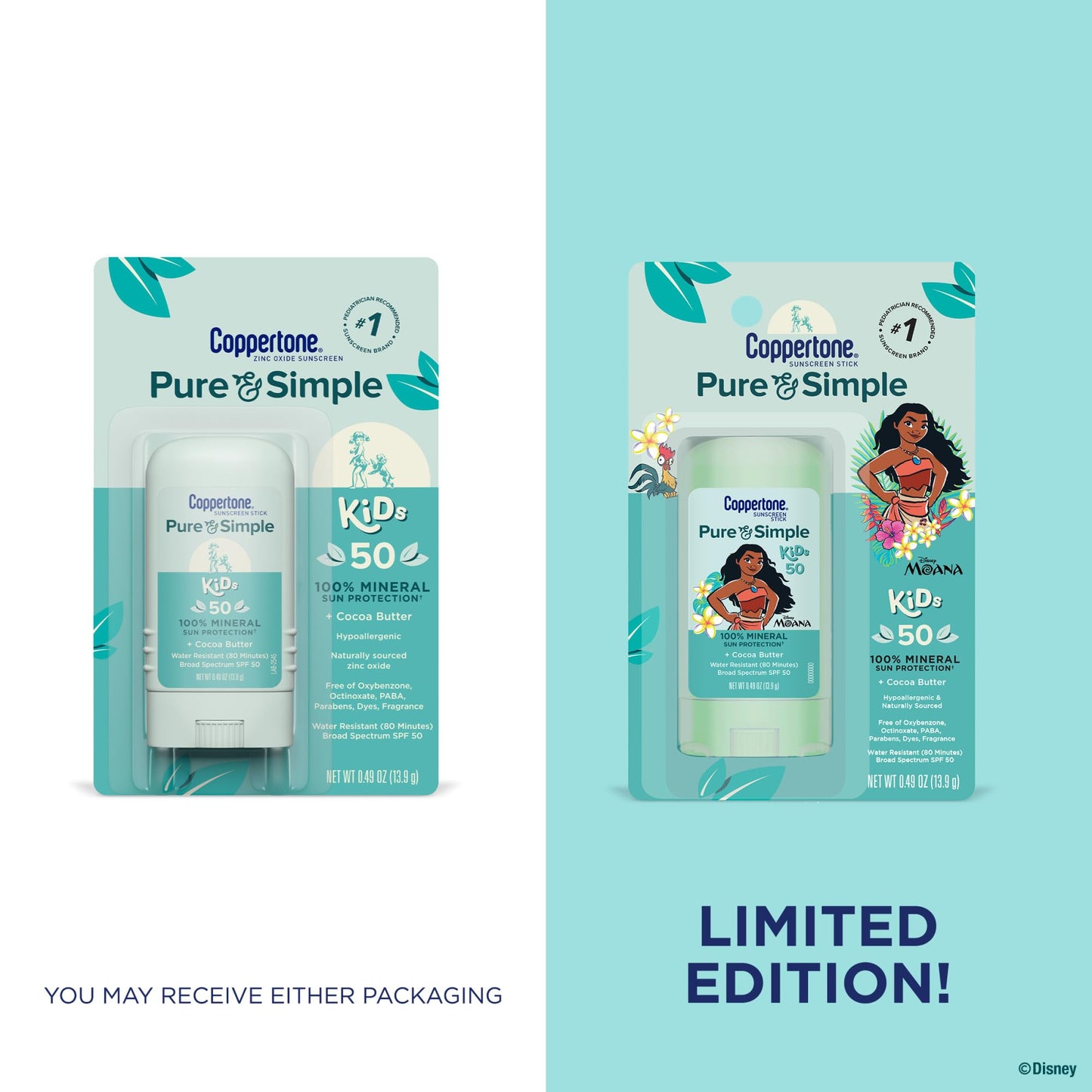 Coppertone Pure and Simple Kids Exclusive Disney Moana Sunscreen Stick SPF 50, Hypoallergenic, Mineral Sunscreen for Kids, Water Resistant, Oxybenzone