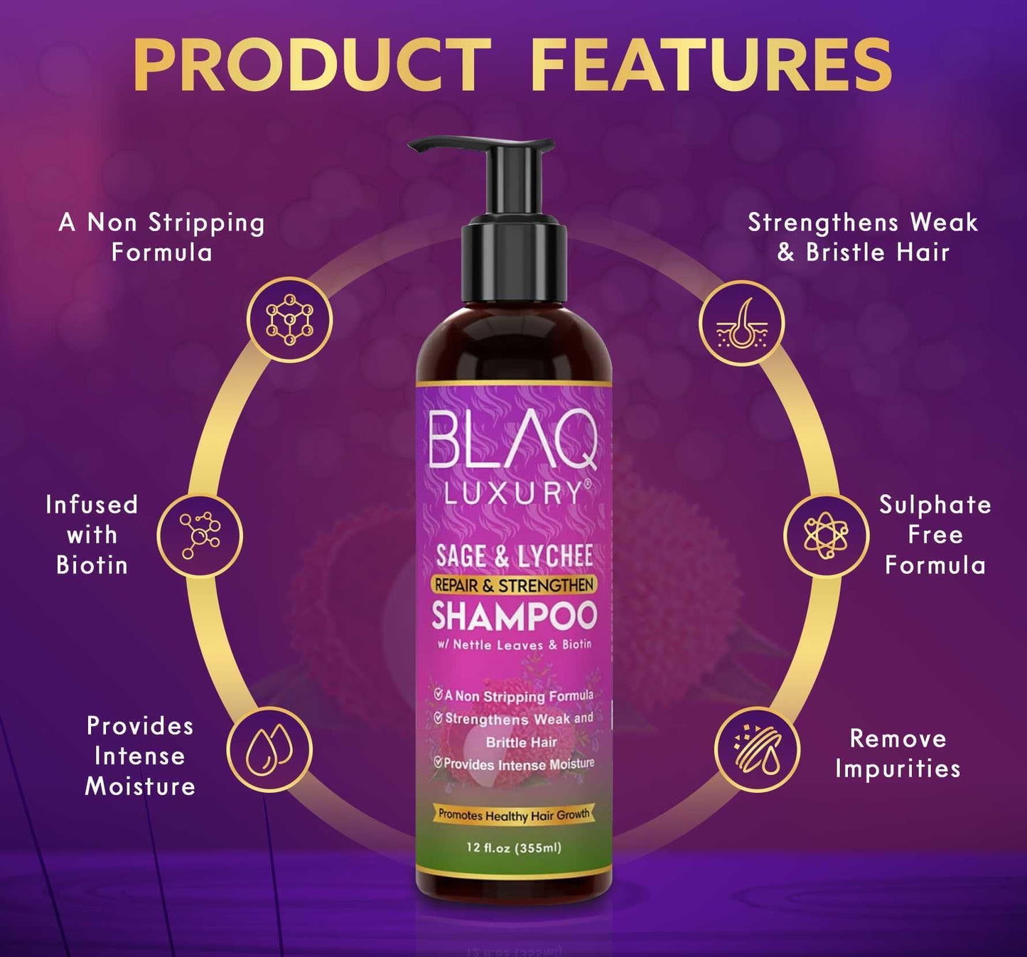 Blaq Luxury Sage & Lychee Repair and Strengthen Shampoo - Infused with Biotin and Nettle - Sulfate-Free Formula for All Hair Types - Promotes Hair