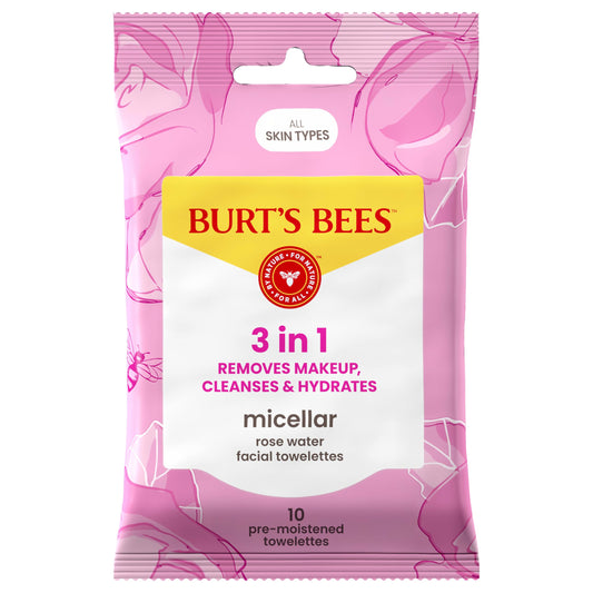 Burt’s Bees Micellar Rose Water Facial Towelettes, 100% Plant Based Cloth; 99% Natural Origin; Remove Makeup, Cleanse, Hydrate; No Greasy, Oily