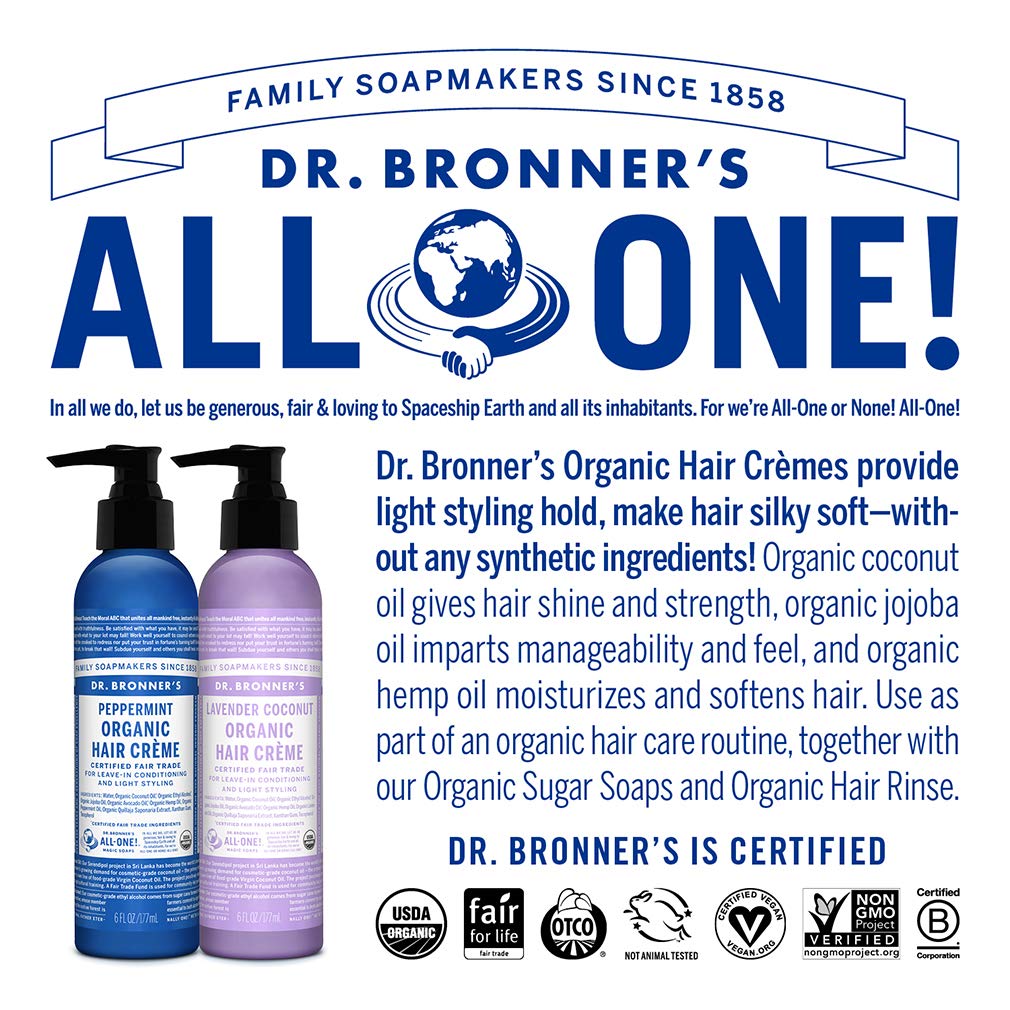 Dr. Bronner's Organic Hair Crème Leave-In Conditioner Styling Cream Anti Frizz Hair Product for Women & Men Hair Cream USDA Organic, Cruelty Free