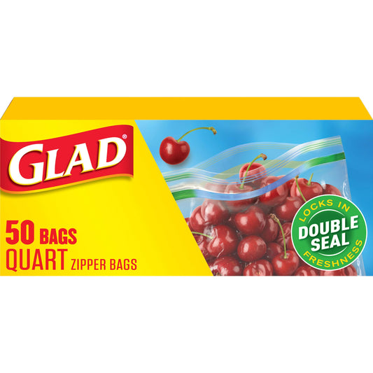 Glad Zipper Food Storage Plastic Bags, Quart, 50 Count (Package May Vary)