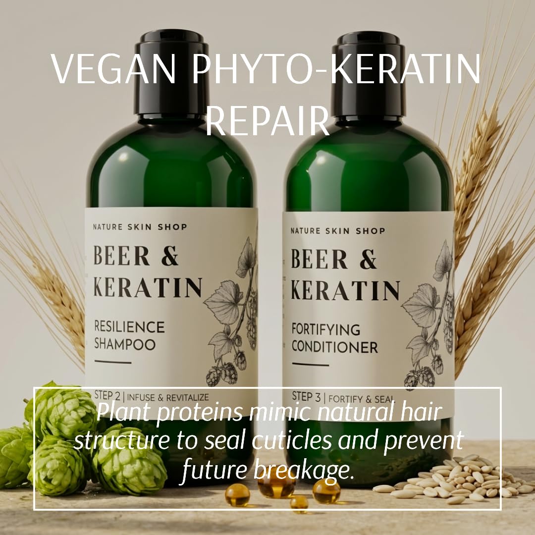 Nature Skin Shop Beer Shine Keratin Shampoo and Conditioner Set - Strengthening & Volumizing Duo for Damaged, Dull Hair - Restores a Luminous Look