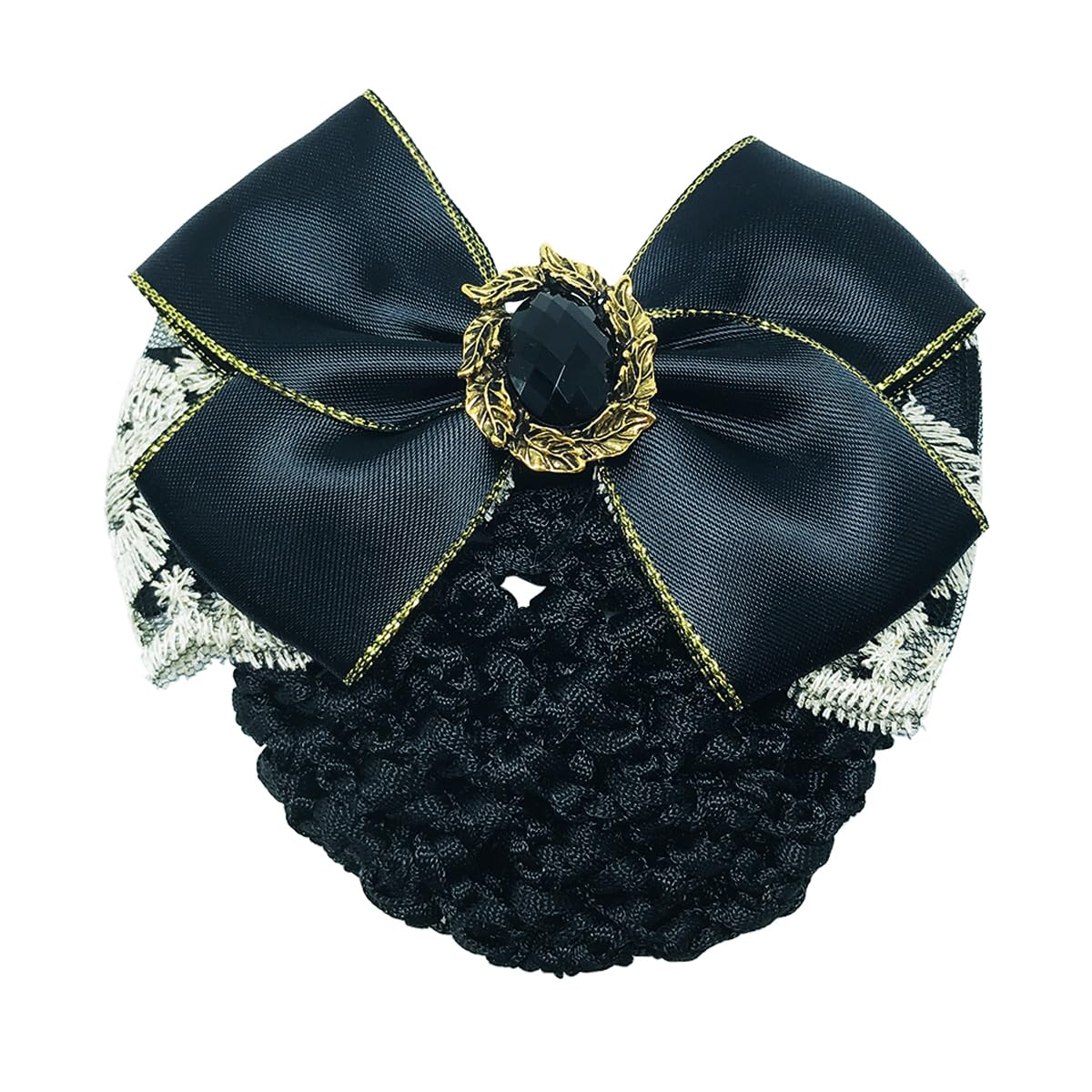 1PCS Lace Ribbon Bowknot Rhinestone Snood Net Elastic Hair Clip Barrette Bun Cover Black