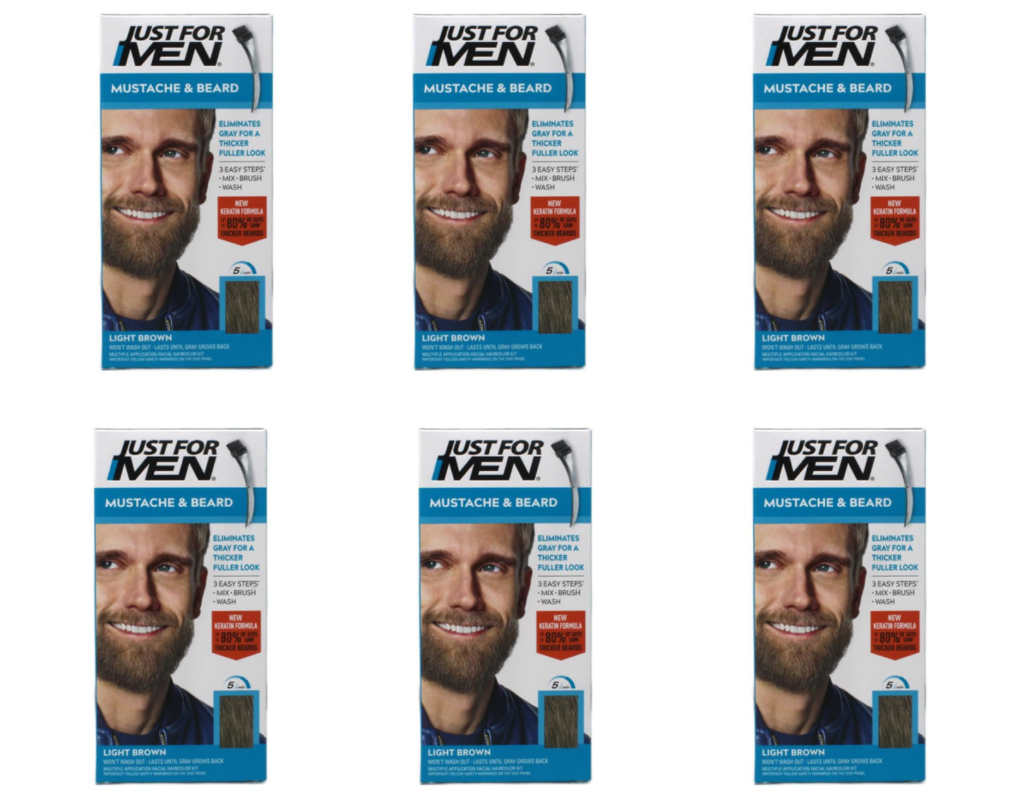 JUST FOR MEN Brush-In Color Gel, Mustache & Beard M-25 Light Brown 1 Each (Pack of 6)