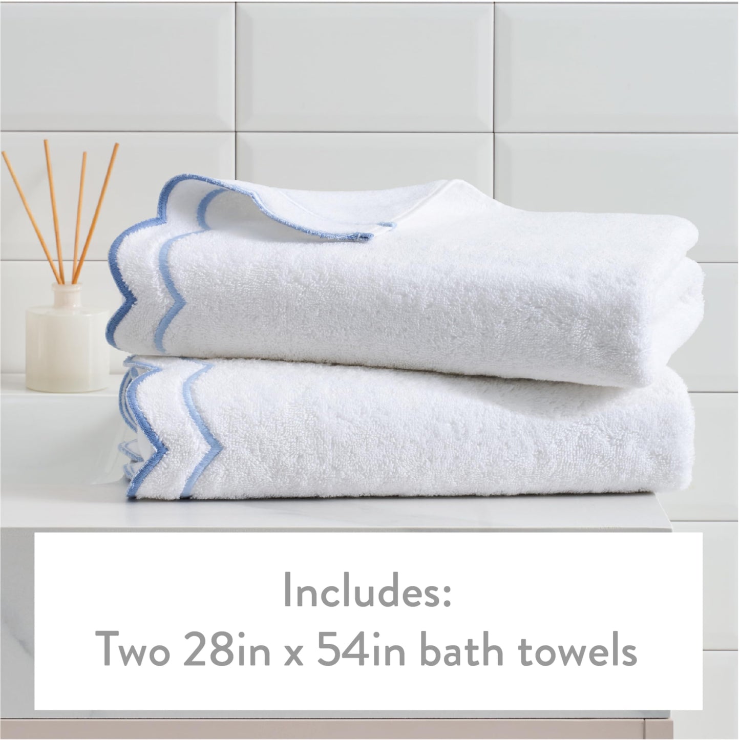Peri Home 2 Piece Bath Towel Set, 500 GSM, 100% Cotton Towel for Bathroom, Embroidered, Soft & Absorbent, White with Blue Scallop