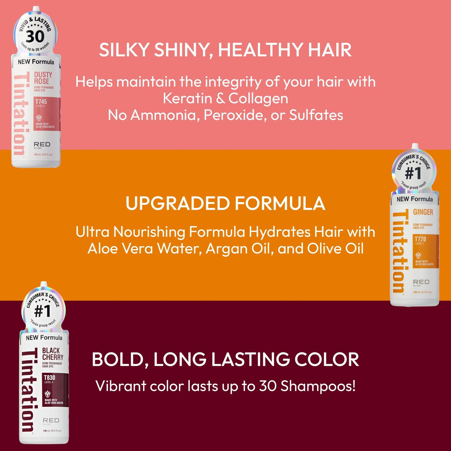Red by Kiss Tintation Semi-Permanent Hair Color, Aloe Vera Water Based, Argan Oil, Olive Oil, Collagen & Keratin, Long-Lasting Color Dye (Ginger, 2