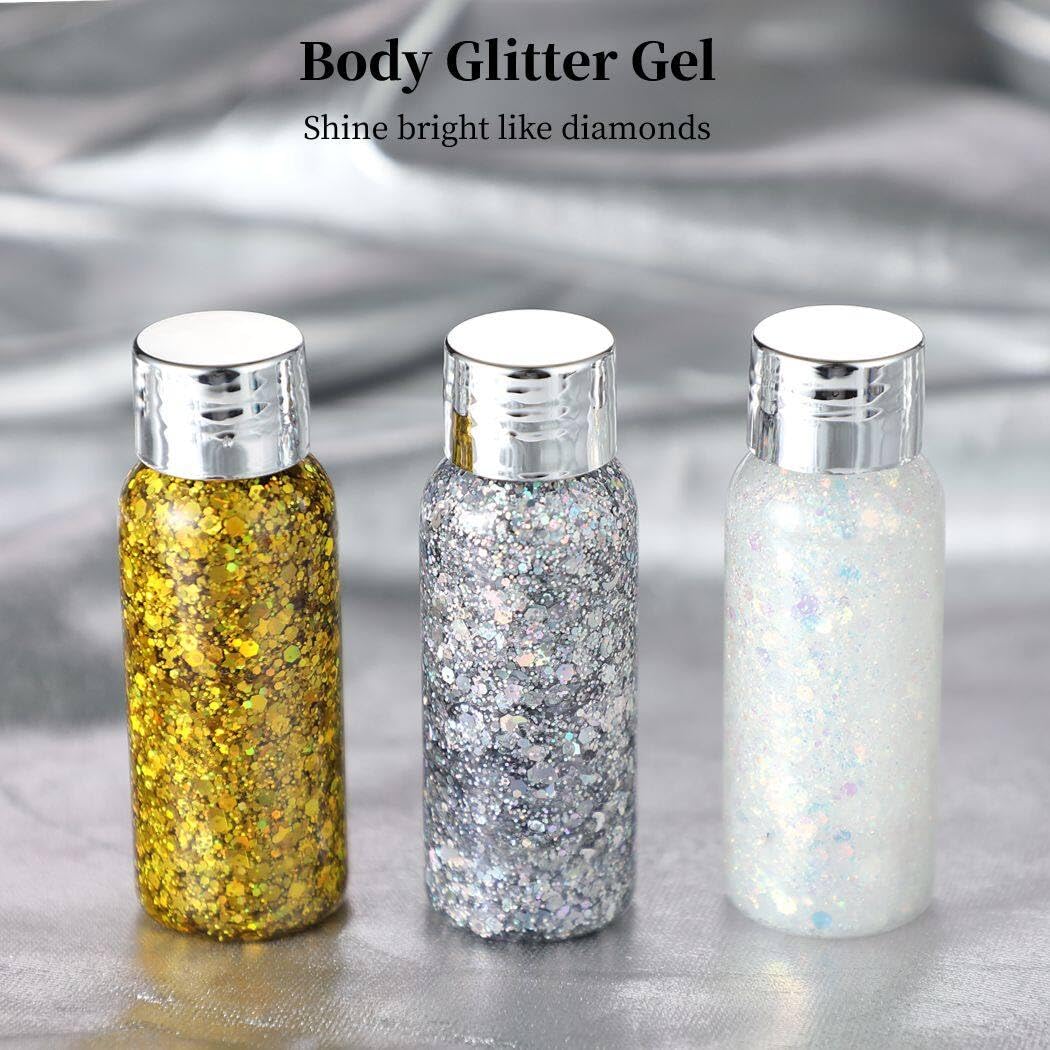 BOSREROY 3 Pack Holographic Glitter Body Gel - Liquid Sequin Sparkle for Festive Occasions