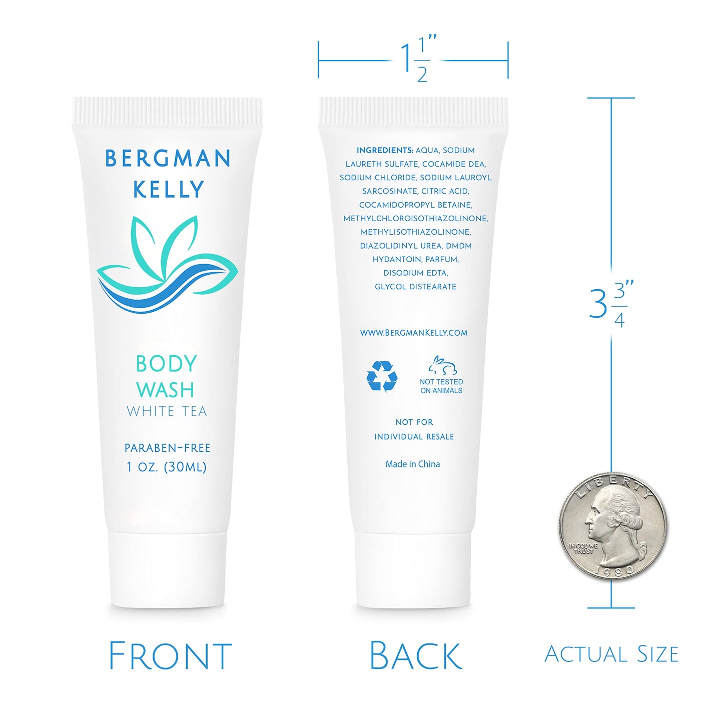 BERGMAN KELLY Travel Size Body Wash (1 fl oz, 100 PK, White Tea), Delight Your Guests with a Revitalizing and Refreshing Hotel Body Wash, Quality Mini