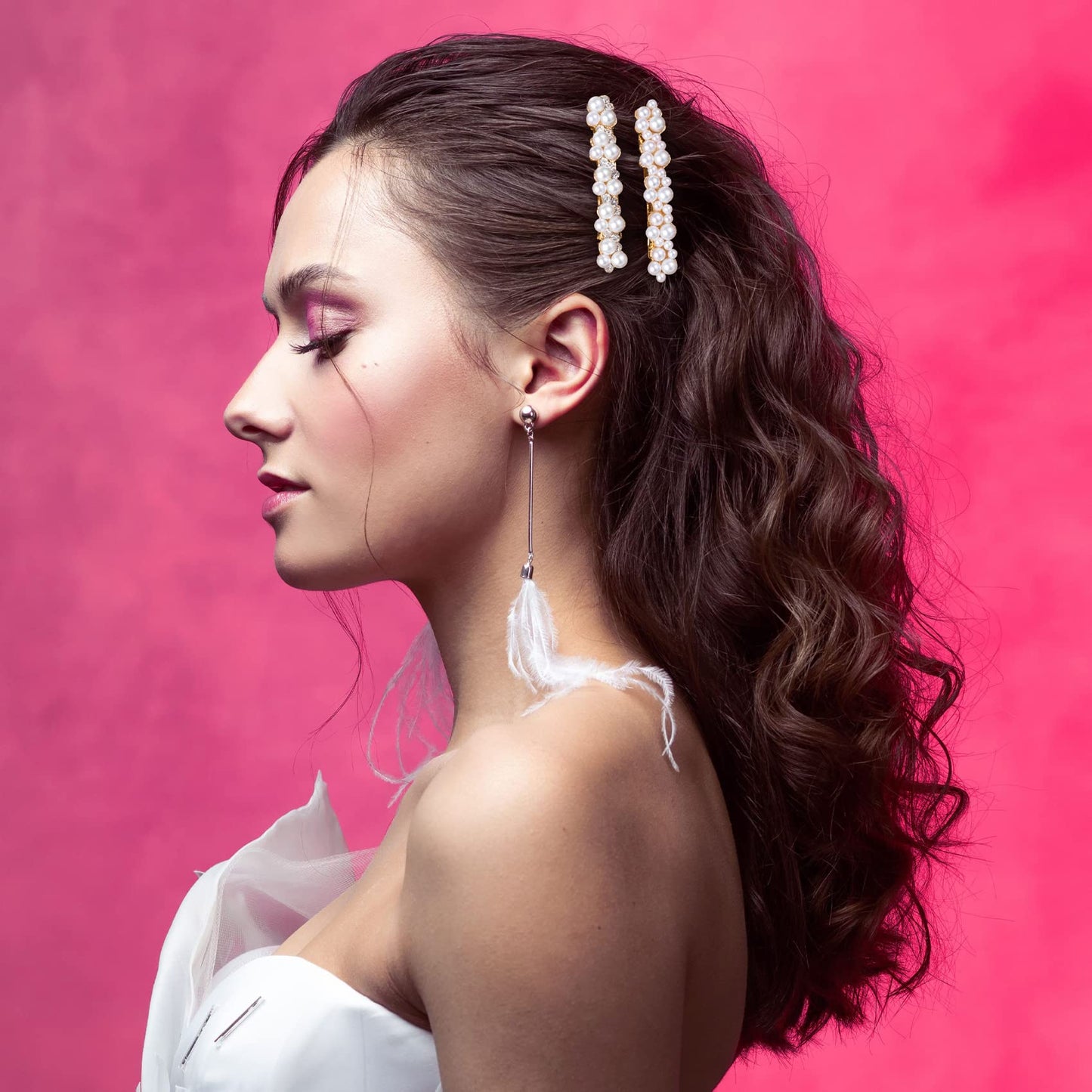 OIIKI Pearl Rhinestone Hair Snap Clips - Elegant Barrettes with Pins for Women, Girls, Brides, Parties, Wedding, Daily Use - Gold