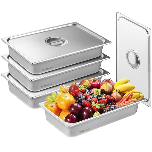 VEVOR 4 Pack Stainless Steel Hotel Pans with lid,Full Size 4 Inch Deep 0.8mm Thick Anti-Jam Commercial Food Pans for Steam Tables, Restaurants…