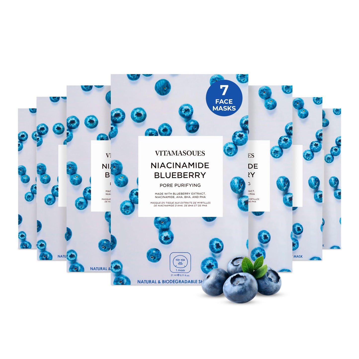 Vitamasques Niacinamide Blueberry Face Sheet Mask 7 Pack - Pore Purifying Korean Skin Care Sheet Face Mask Improves Uneven Skin Tone & Reduces