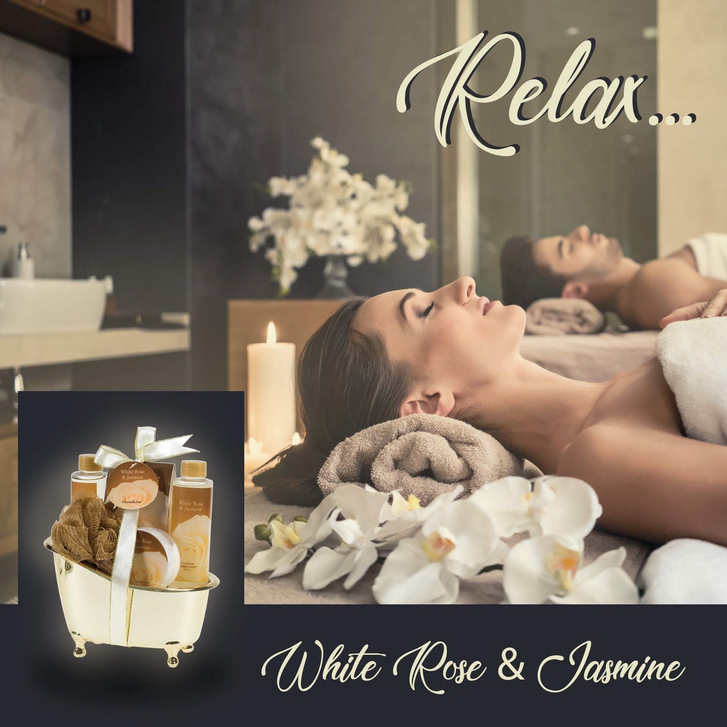 White Rose Jasmine Spa Set For Women in Elegant Gold Tub Includes Shower Gel, Bubble Bath, Body Lotion, Jasmine Bath Salt, Pouf, Award Winning Bath