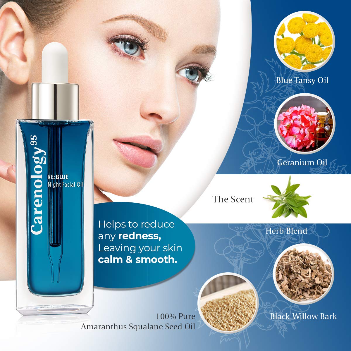 100% Pure Blue Tansy Korean Skincare Carenology Essential Facial Oil Overnight facial Repair for Acne Spot and Scar Treatment, Non-Greasy