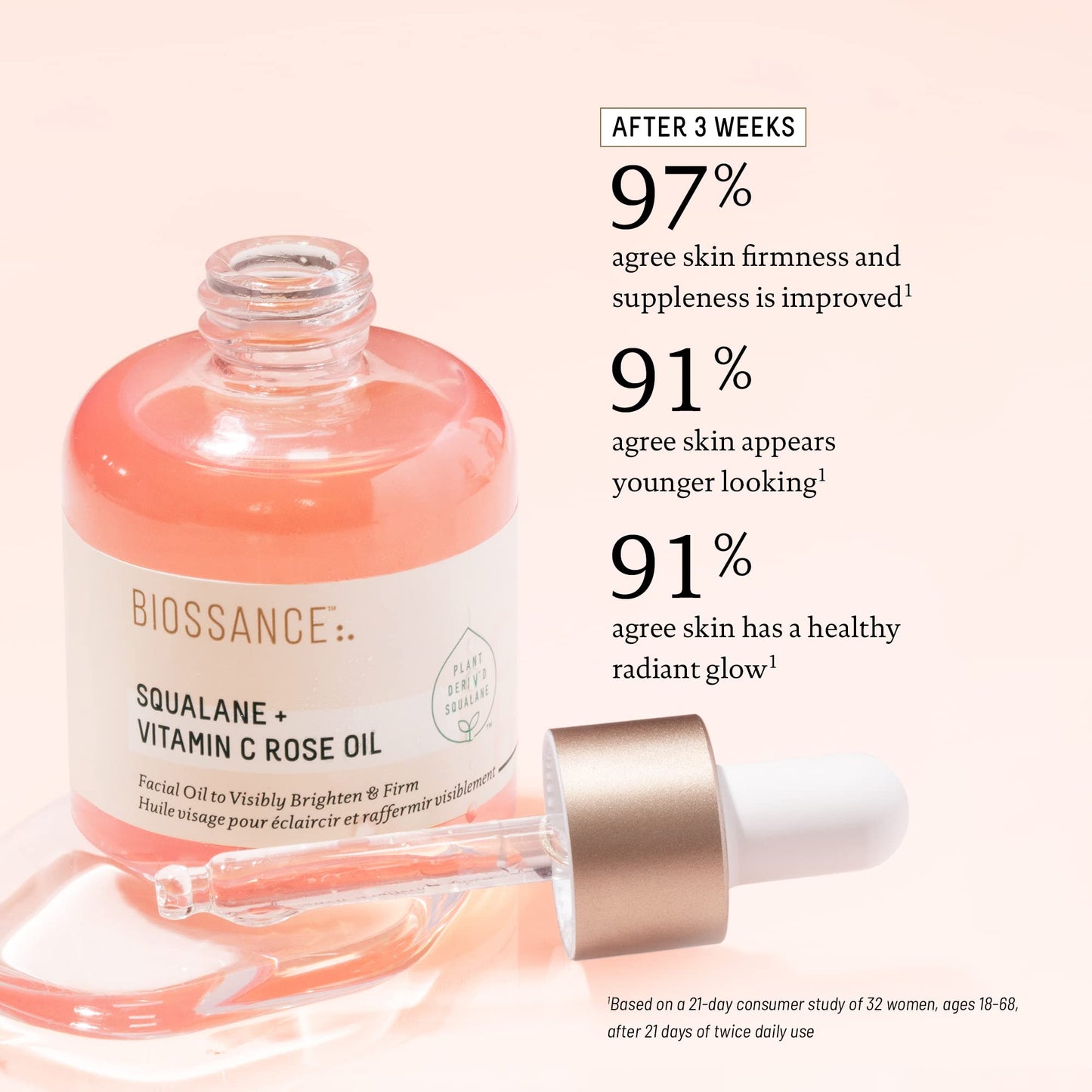 BIOSSANCE Squalane + Vitamin C Rose Advanced Facial Oil - Brightening, Firming, and Hydrating Serum for All Skin Types - Chios Crystal Oil, Damascus