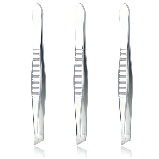 LUXXII (3 Pack) Slant Tweezers - Precision Stainless Steel Slant Tip Tweezers Hair Plucker for Hair and Eyebrows Personal Care (Silver Tone)