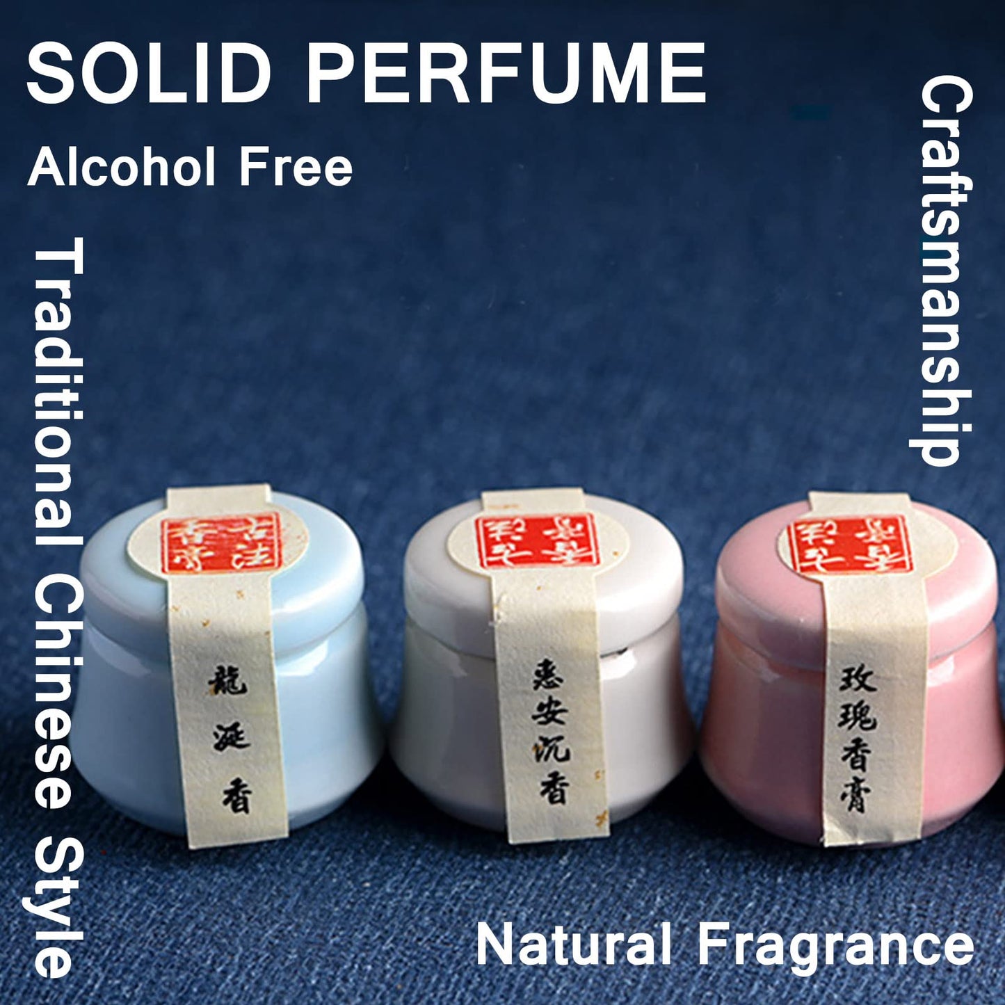 Grospe 3PCS Solid Balm Sets - Solid Perfume Portable Pocket Ceramic Jar - Perfect for Travel Use - Natural Rose Ambergris Ebony Fragrance for Men