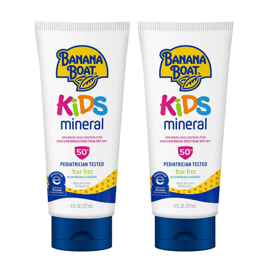 Banana Boat 100% Mineral Kids Sunscreen Lotion SPF 50, Twin Pack | Banana Boat Mineral Sunscreen for Kids, Childrens Sunblock SPF 50, Oxybenzone Free