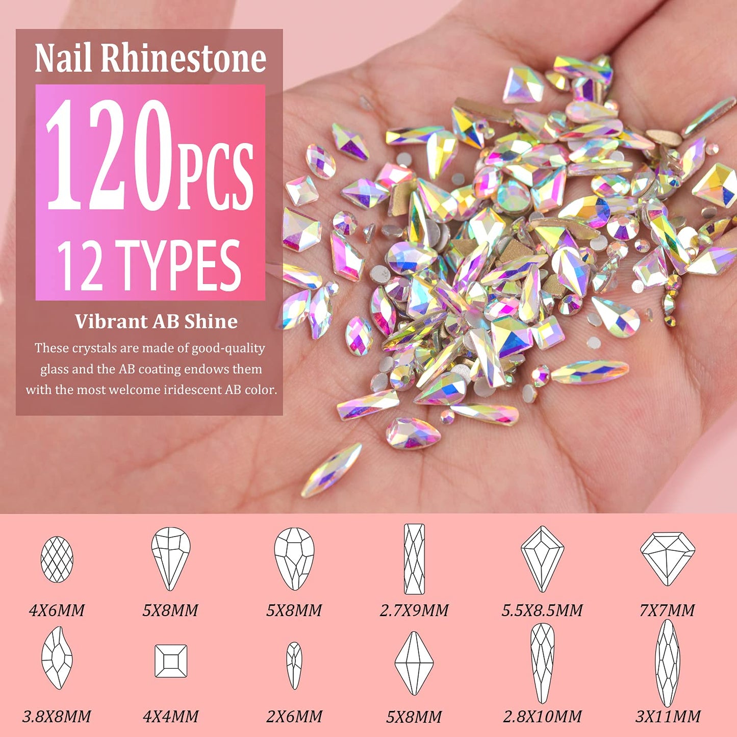 Multi Shapes 3D Glass AB Crystal Nail Art Rhinestones Kit with Flatback Round Bead Charm Gem Stone Jewelry Diamond with Pickup Pen + Tweezer