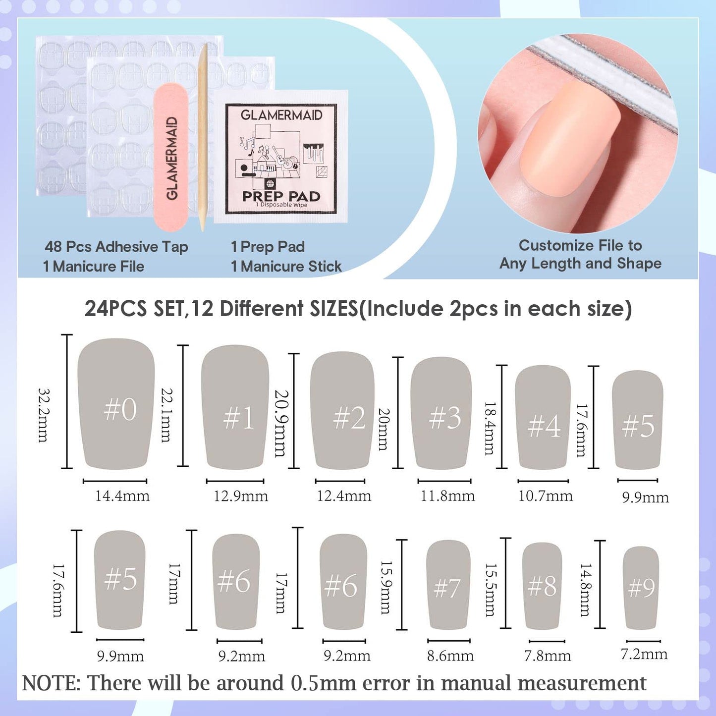 GLAMERMAID Dark Blue White Ombre Press on Nails Medium Square, Oil Painting Glossy Gel Stick on Fake Nals Short Square, Neutral Glue 0n Nails Kit