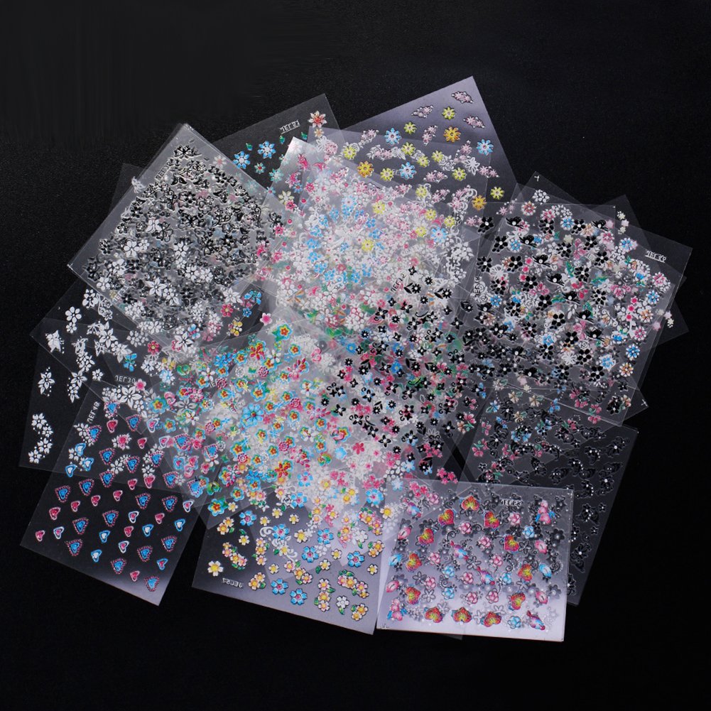 WOKOTO 50Pcs Self-Adhesive 3D Flower Nail Stickers Flower Nail Decals for Women Girls Kids Nail Art Floral Sticker Sheets with Tweezers