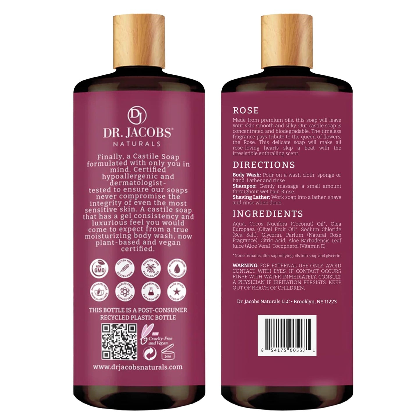 Dr. Jacobs Naturals Castile Rose All-Natural Body Wash for Moisturizing Dry and Sensitive Skin Shampoo with Plant-Based Ingredients Gluten