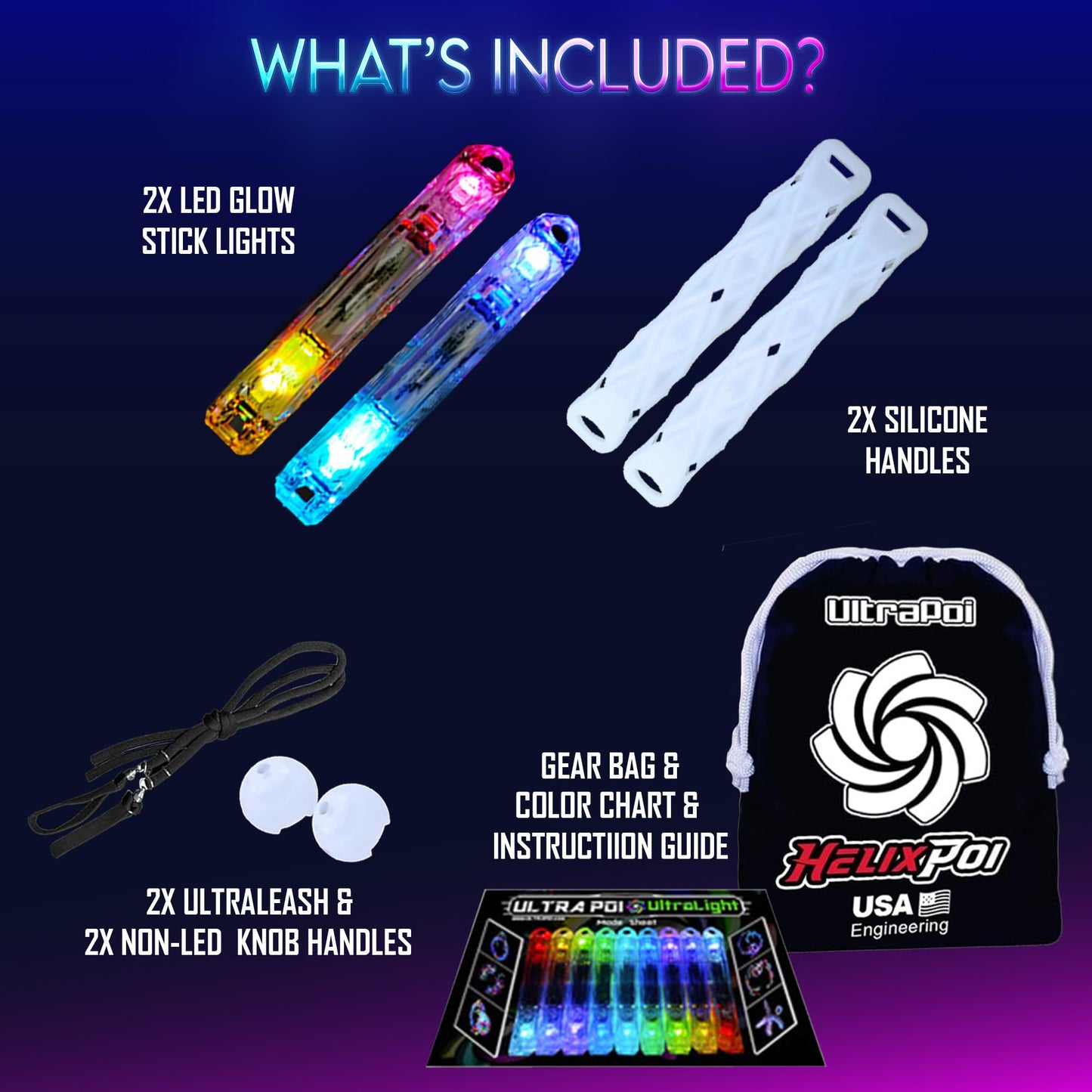 UltraPoi HelixPoi Set - Helix Poi w/Non-LED Knob Handles - 70+ Brilliant Color Modes & Patterns - LED Poi Glow Stick Lights w/Soft Durable Cases &…