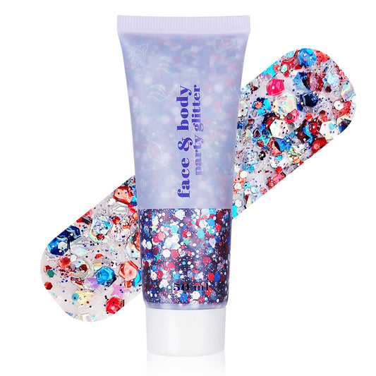 Faglowmify 4th of July Women&Kids Makeup Face Glitter Gel,Fourth of July Red White and Blue Accessories,Sparkle Festival Sparkling Rave