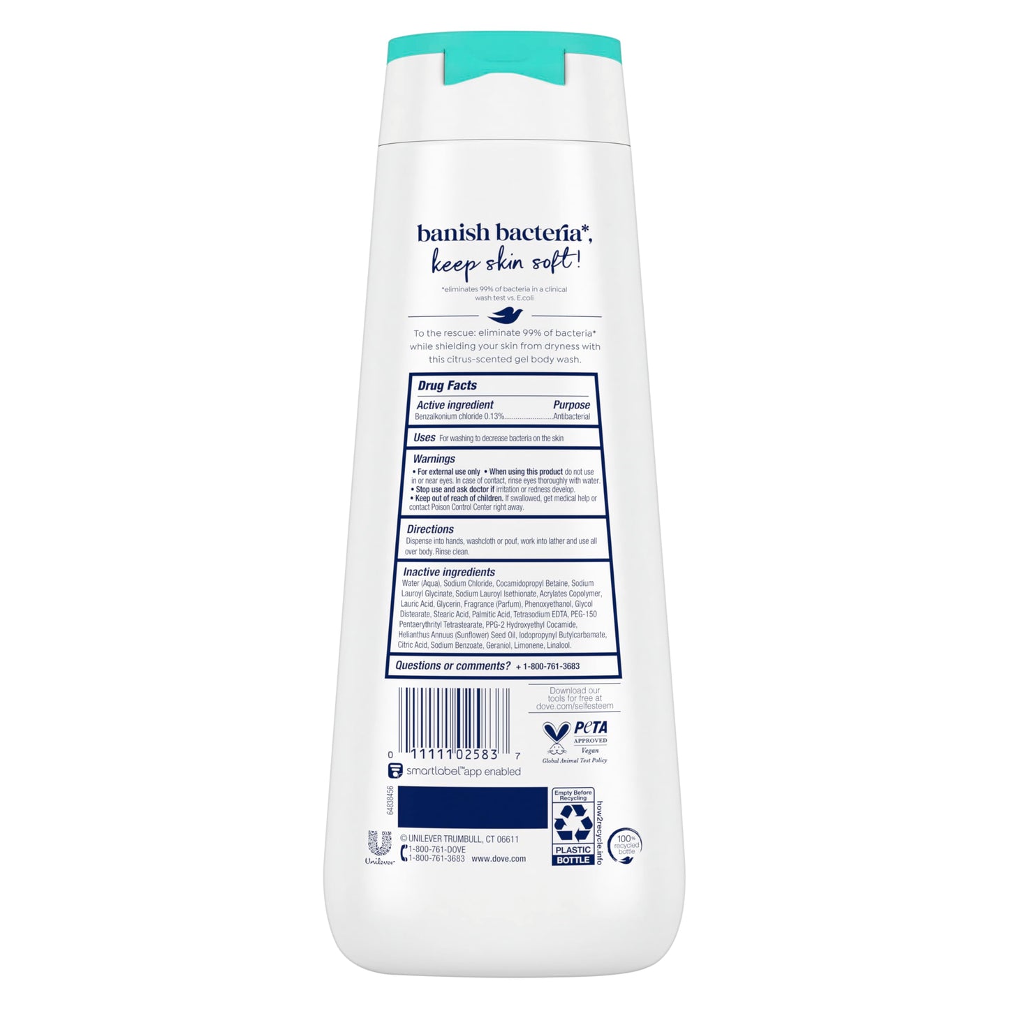 Dove Body Wash Antibacterial For All Skin Types Protects from Dryness 20 oz