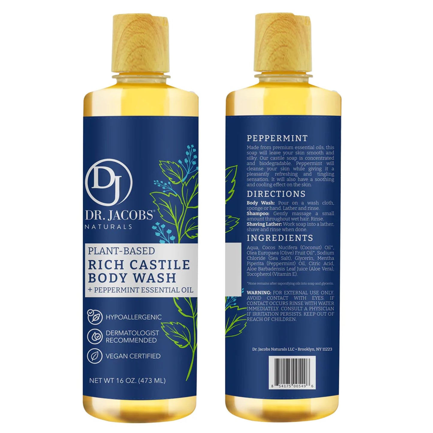 Dr. Jacobs Naturals Pure Castile Soap Liquid Body Wash, Peppermint - Plant Based Soap Infused with Vitamin E and Aloe Vera to Moisturize Dry