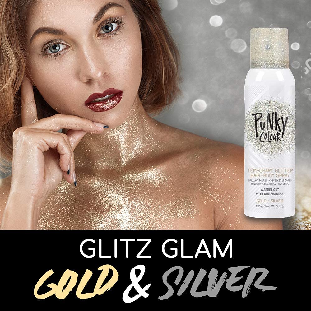 Punky Temporary Hair and Body Glitter Spray, Gold/Silver - Glitters Hairspray, Adds Shimmery Glow, Hair Glitter for Kids, Women, Men 3.5 oz