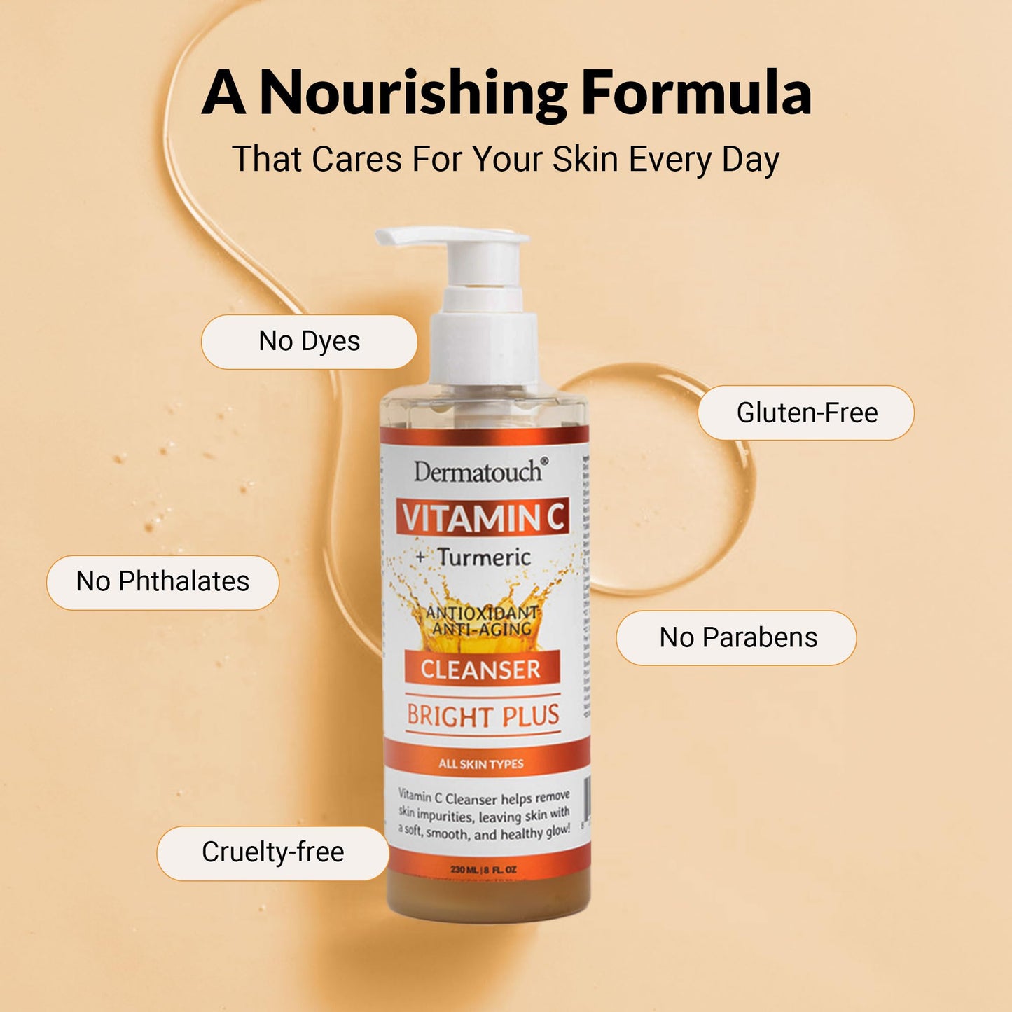 DERMATOUCH® Vitamin C Cleanser Water with Turmeric, Gentle Foaming Facial Cleanser for Daily Use, Helps Remove Impurities, All Skin Types, Made in
