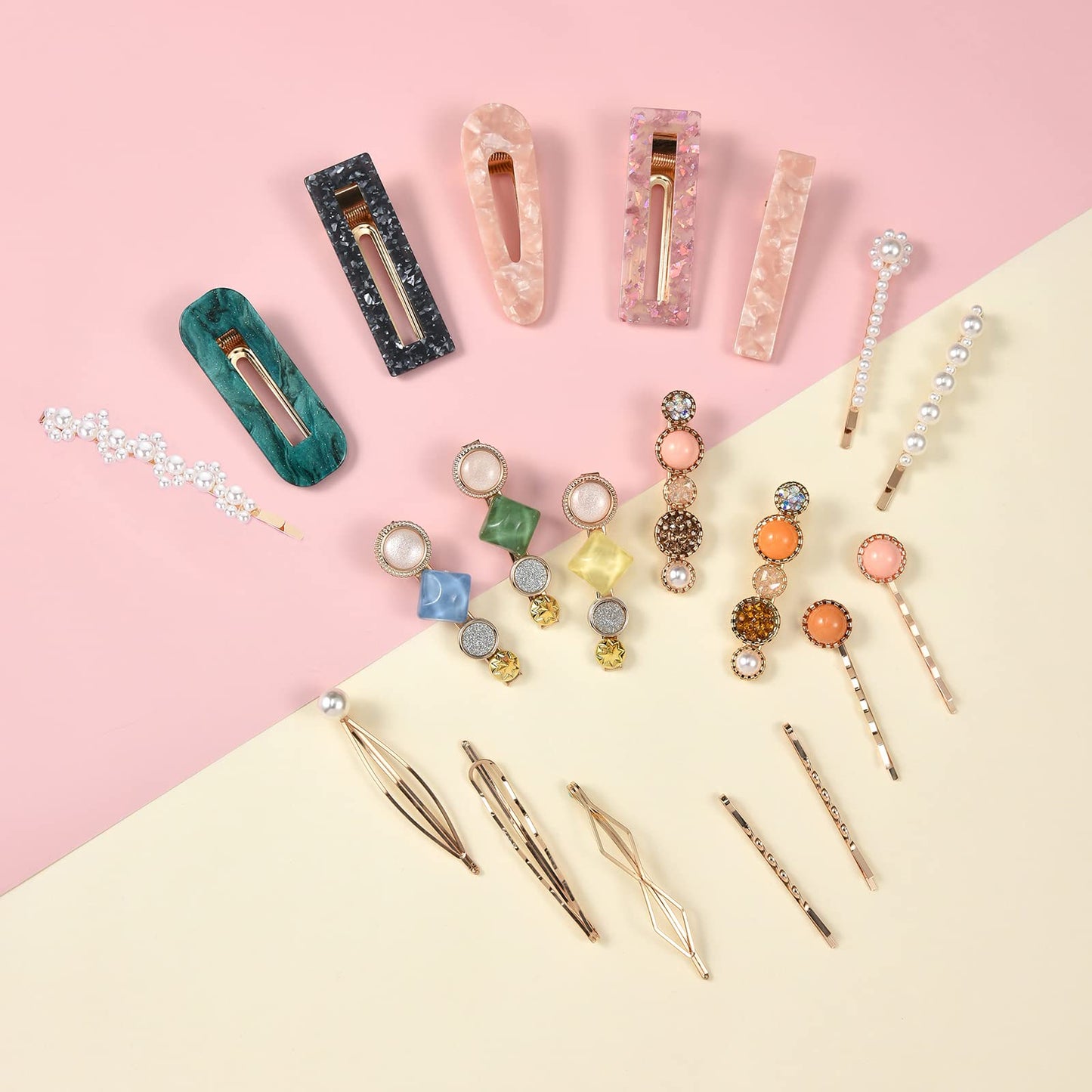 Mehayi 20 PCS Pearls and Acrylic Resin Hair Clips, Handmade Hair Barrettes, Marble Alligator bobby pins, Glitter Crystal Geometric Hairpin, Elegant