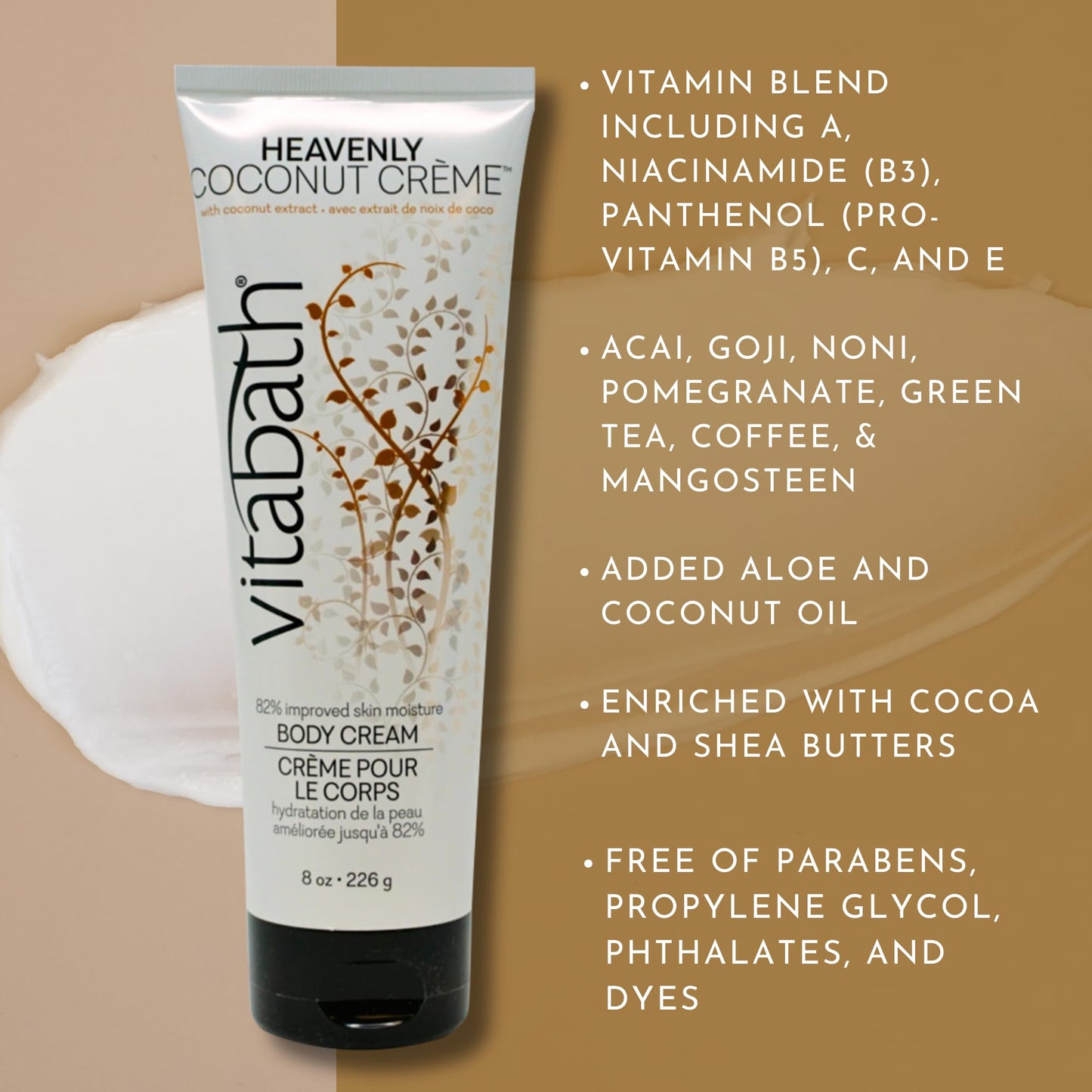 Vitabath Heavenly Coconut Creme Moisturizing Body Cream - Soothing Hydration Vitamin & Nutrient Skin Care - Replenishing All Over Dry Skin Lotion