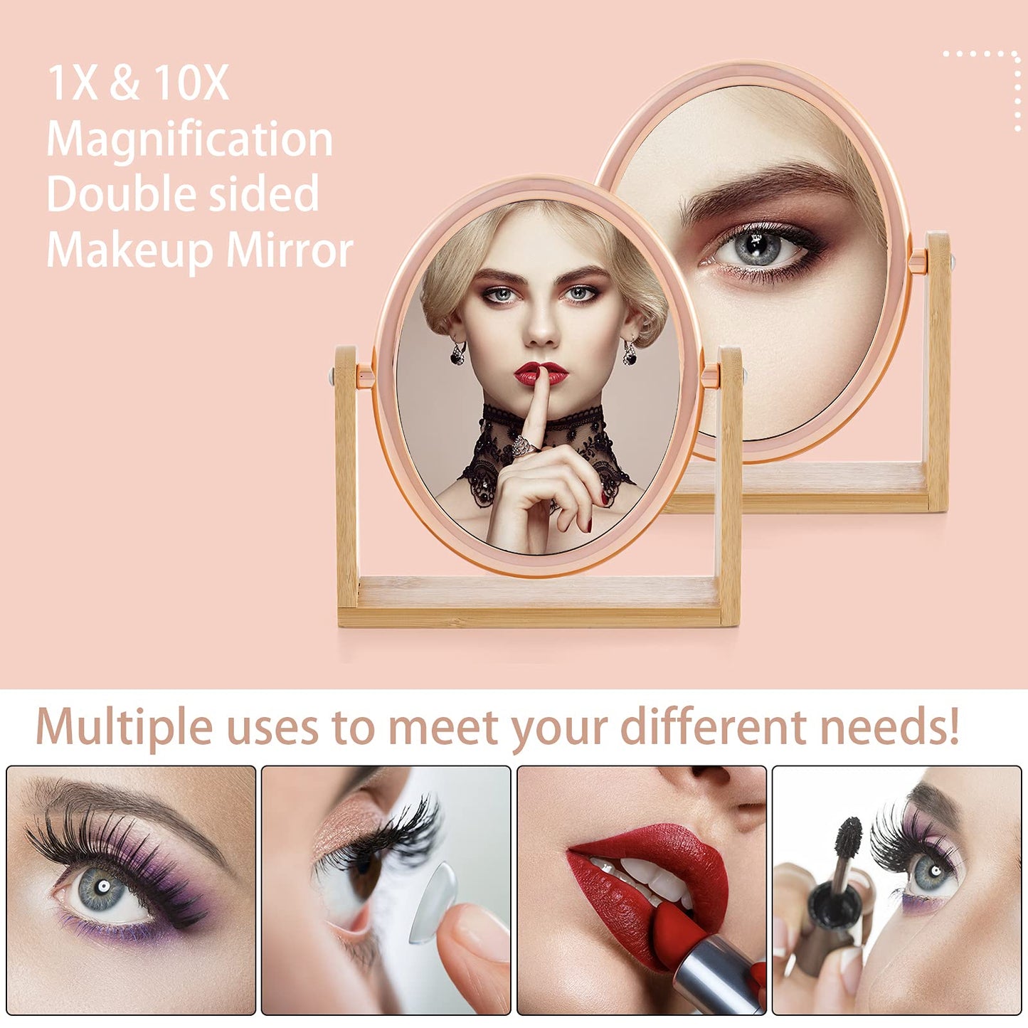 YEAKE Double Sided 10X Magnifying Makeup Mirror with Bamboo Stand,Small Desk Table Mirror with 360° Rotation,Standing Portable Cosmetic Mirror,Good