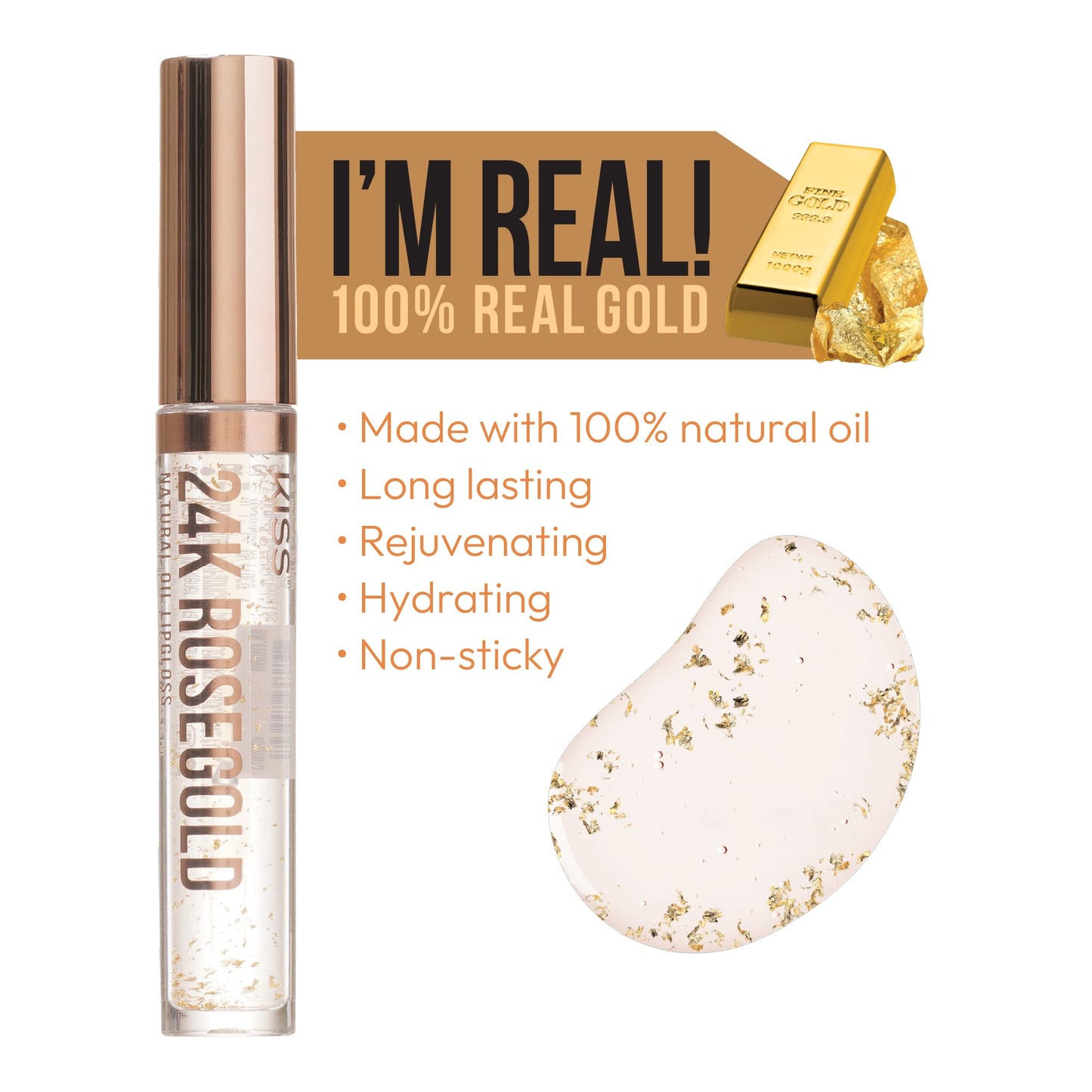 Kiss New York 3 PACK Lip Oil Gloss, Hydrating Non-Sticky Lip Oil, 100% Natural Oil Clear Lip Gloss, Lightweight Lip Moisturizer (Rosegold & Rosehip