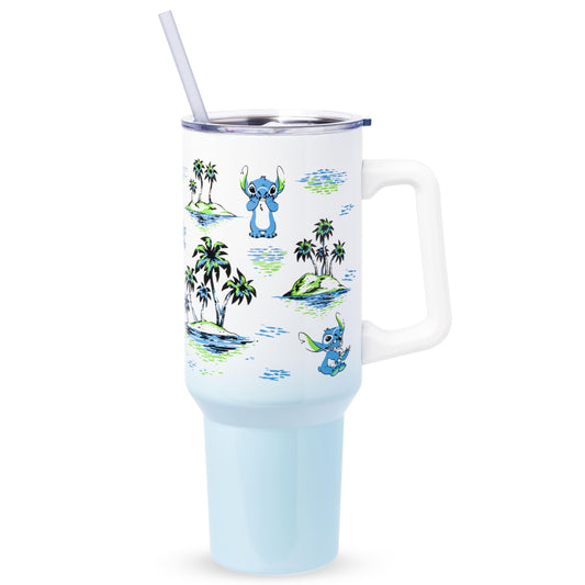 Silver Buffalo Disney Lilo and Stitch Vintage Sketch Palm Trees and Flowers Double Walled Stainless Steel Tumbler with Handle and Straw, Fits…