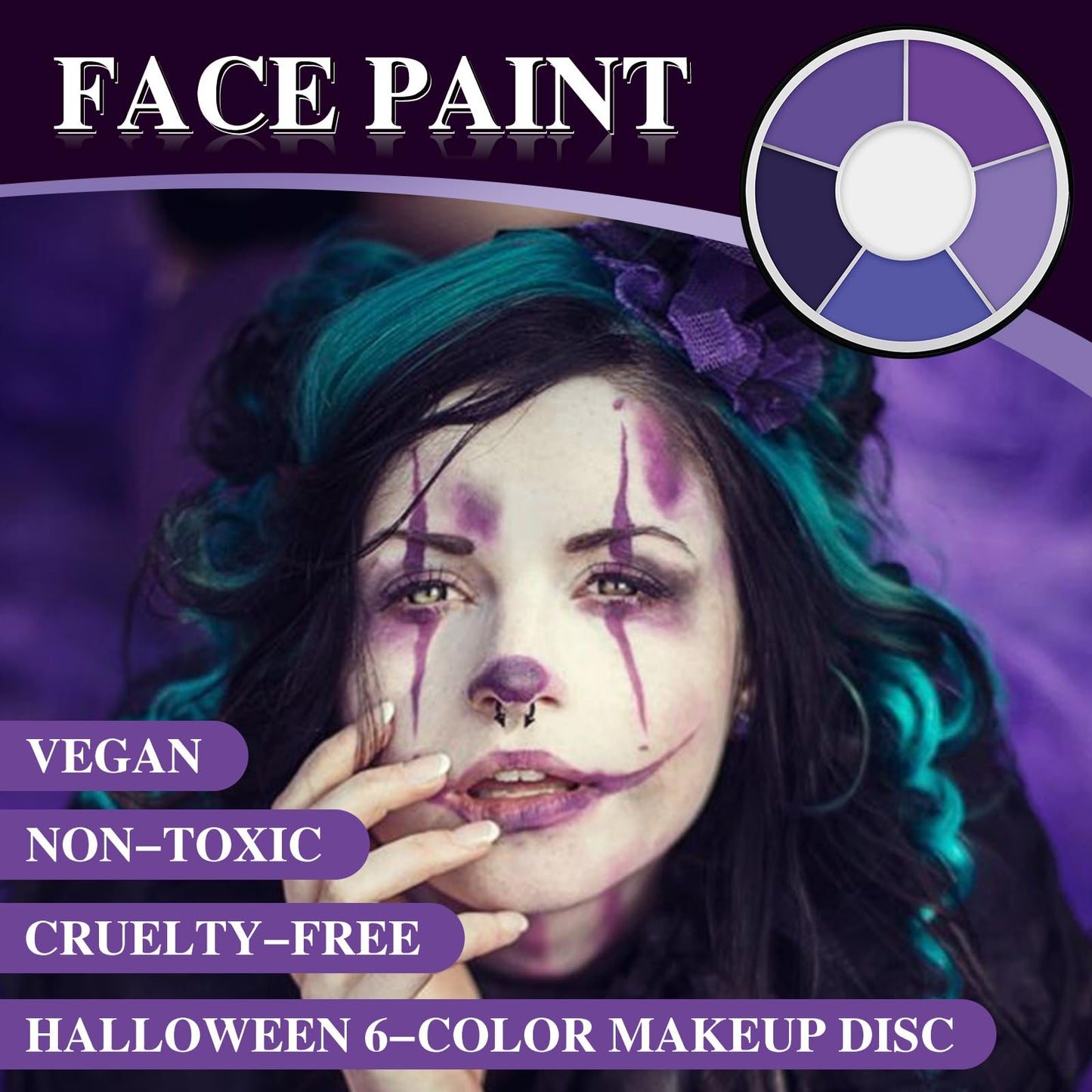 6 Color Purple Face Paint Palette, Professional Body Paint Violet Makeup, Washable Formula, Vibrant Purple Face & Body Paint for Halloween, Cosplay