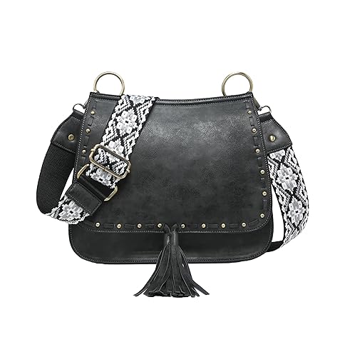 JEN & CO. M1970-BK.BK Bailey Studded Fringe Tassel Guitar Strap, Vegan Leather Crossbody Handbag Purse, Black/White