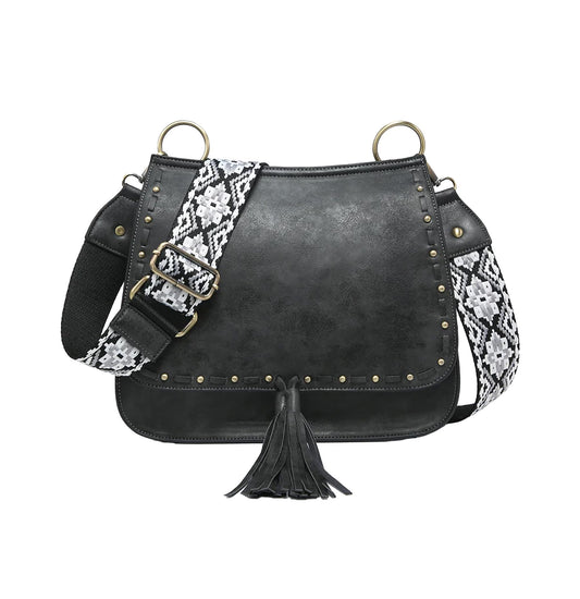 JEN & CO. M1970-BK.BK Bailey Studded Fringe Tassel Guitar Strap, Vegan Leather Crossbody Handbag Purse, Black/White
