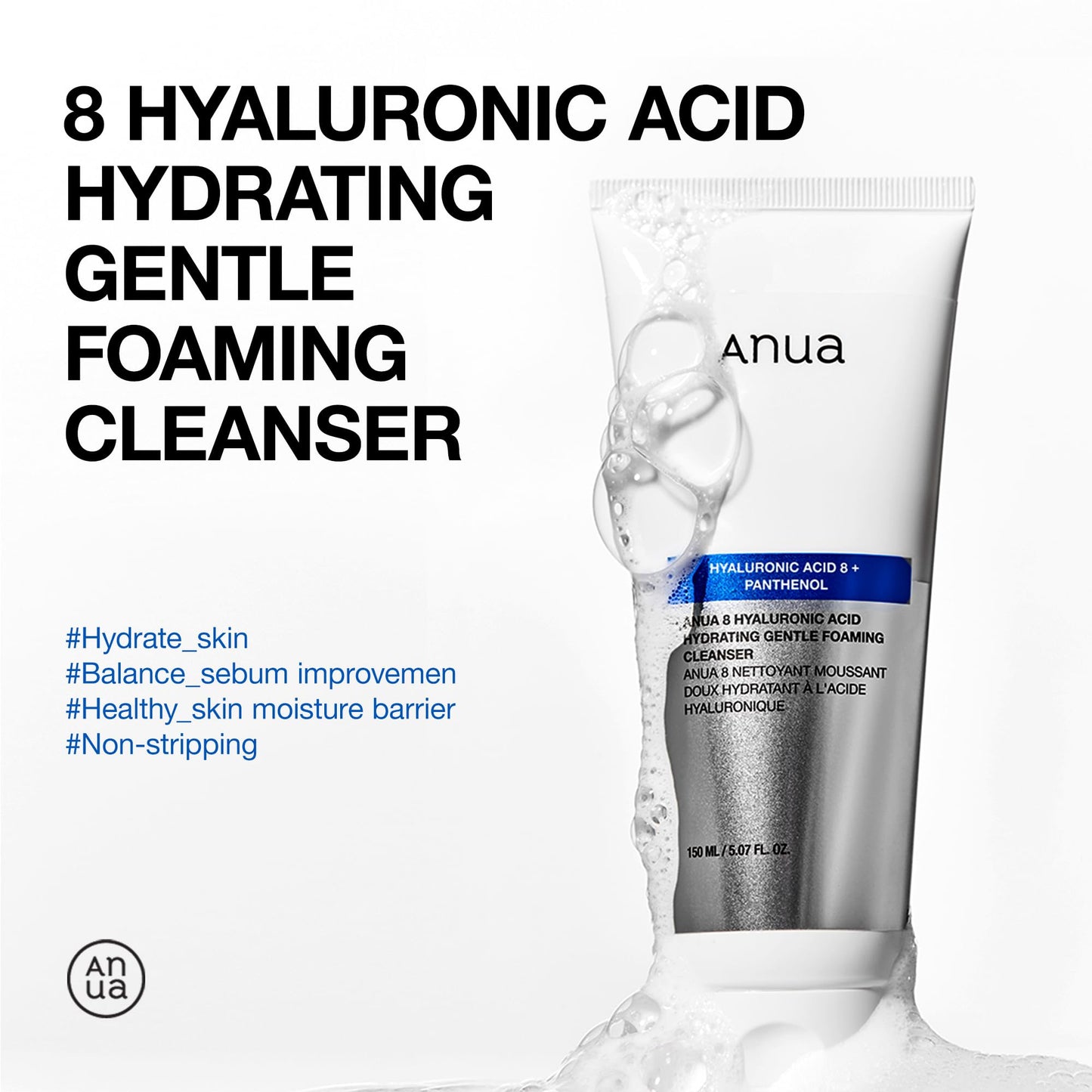 ANUA Hydrating Gentle Foaming Cleanser, Daily Face Wash for Double Cleansing, Hyaluronic Acid, Zinc, Panthenol, for Dry & Sensitive Skin, Sebum Beauty and Personal Care ANUA